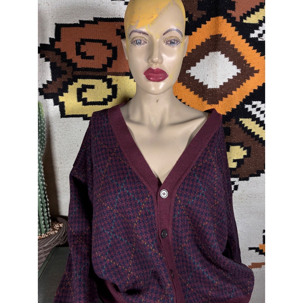 Collectif Cardigan Sweater Mens L Burgundy Argyle Knit Italy Excellent V-Neck